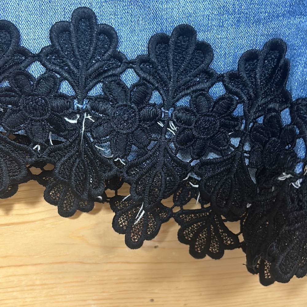 Express brand distressed denim black lace cutoff XL 14 boho hippie chic - Picture 2 of 9